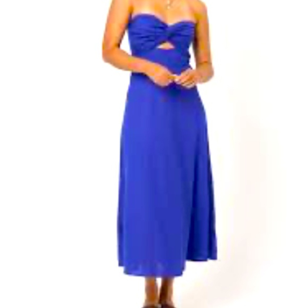 Trixxi Linen Blend Twist Front Keyhole Midi Dress in Cobalt Blue. Size Small - Picture 1 of 8